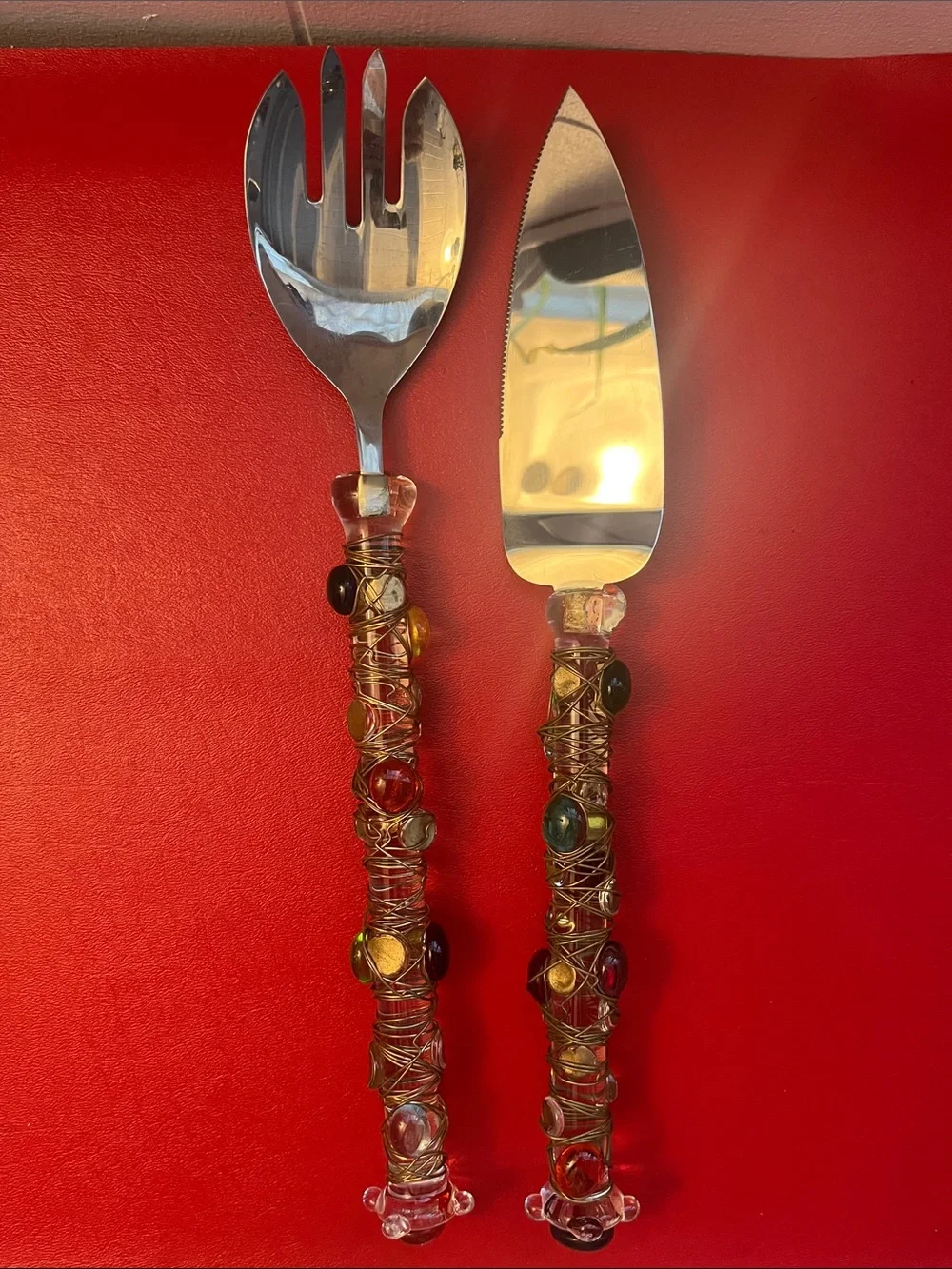 Artisan Crafted Handblown Glass Handle Large Salad Serving Set Stainless Steel